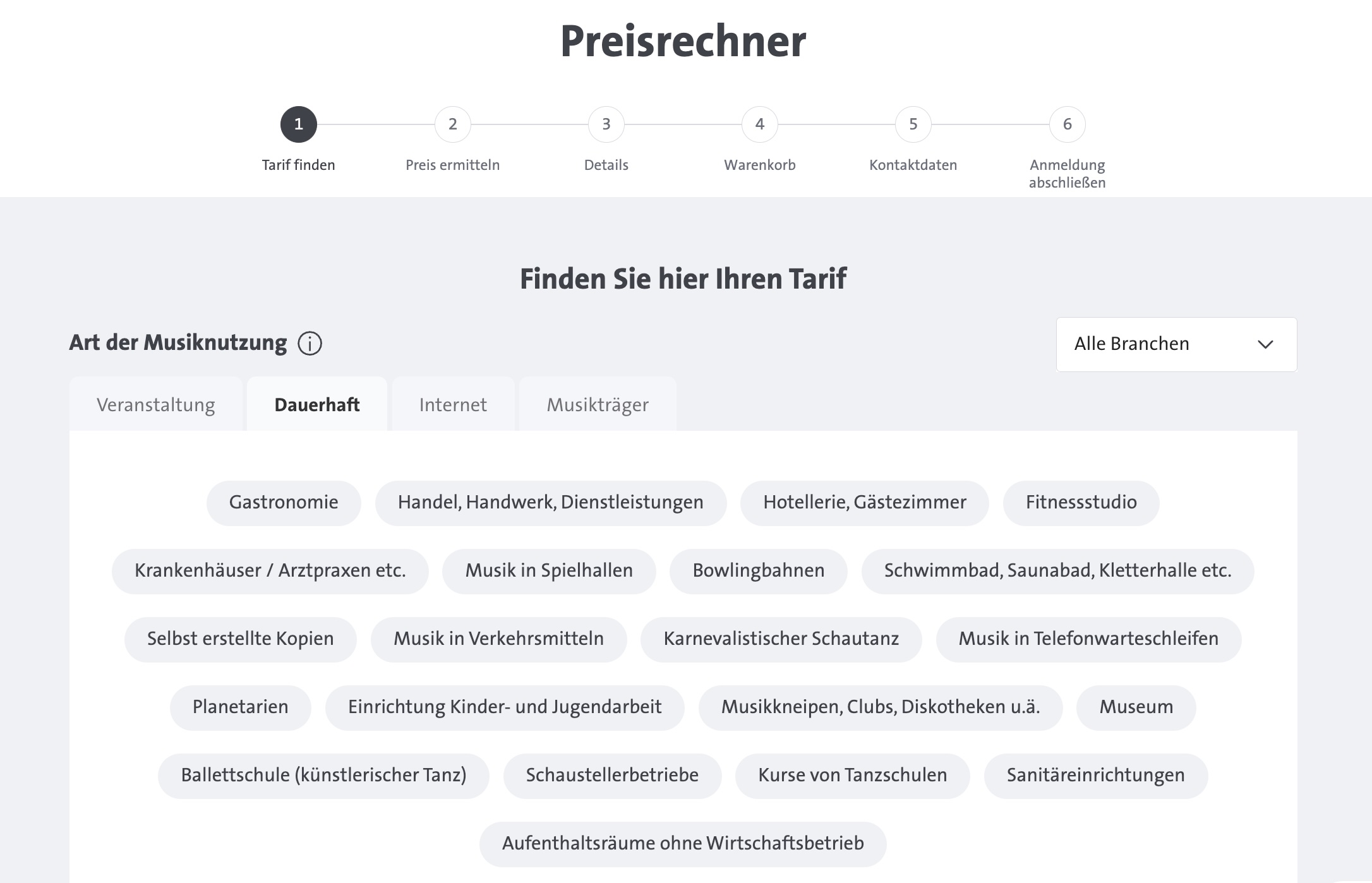 GEMA-Preisrechner, Reiter Dauerhaft mit allen Branchen