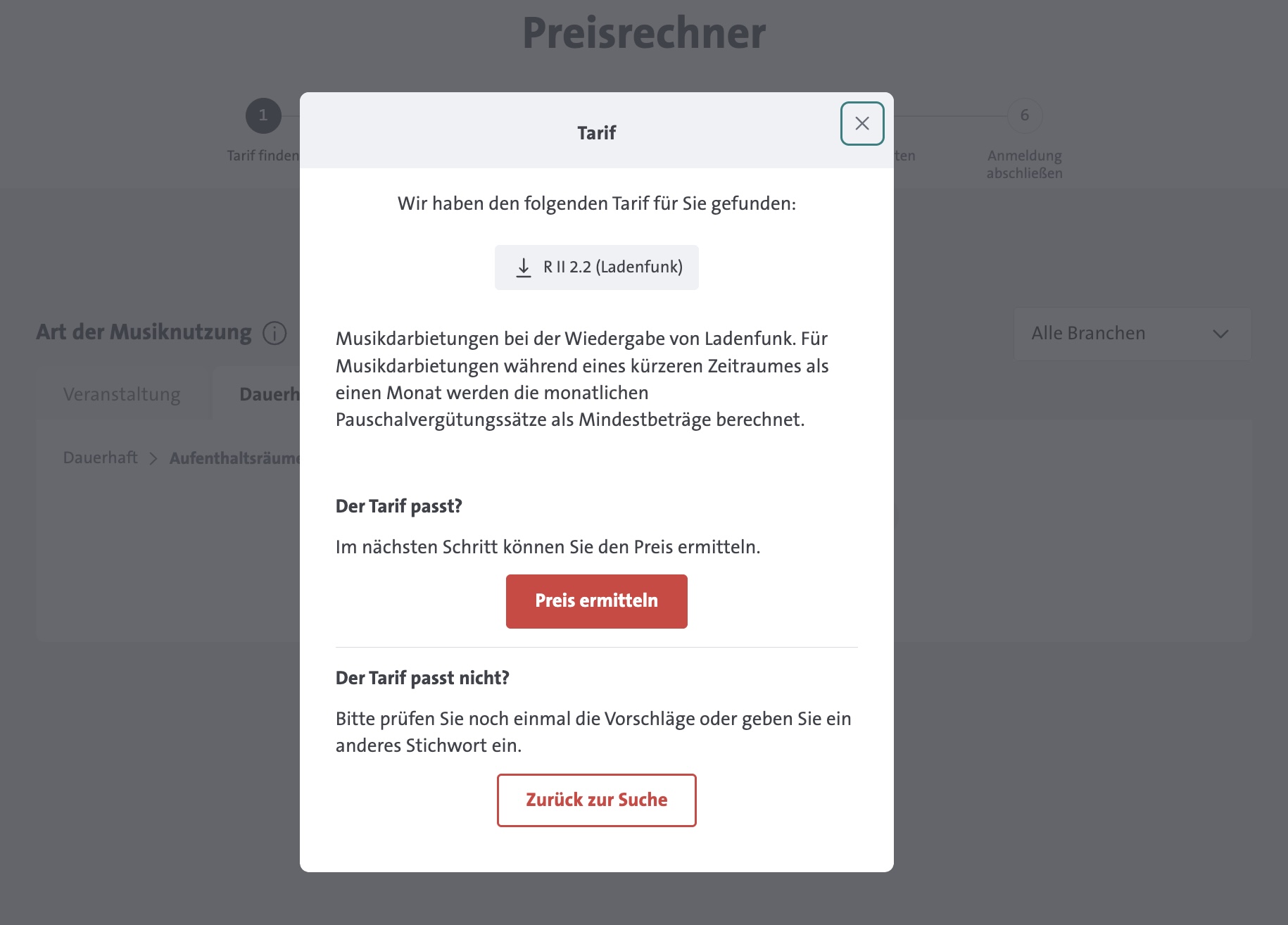 GEMA Preisrechner pop-up showing the tariff found: R II 2.2 (Ladenfunk)