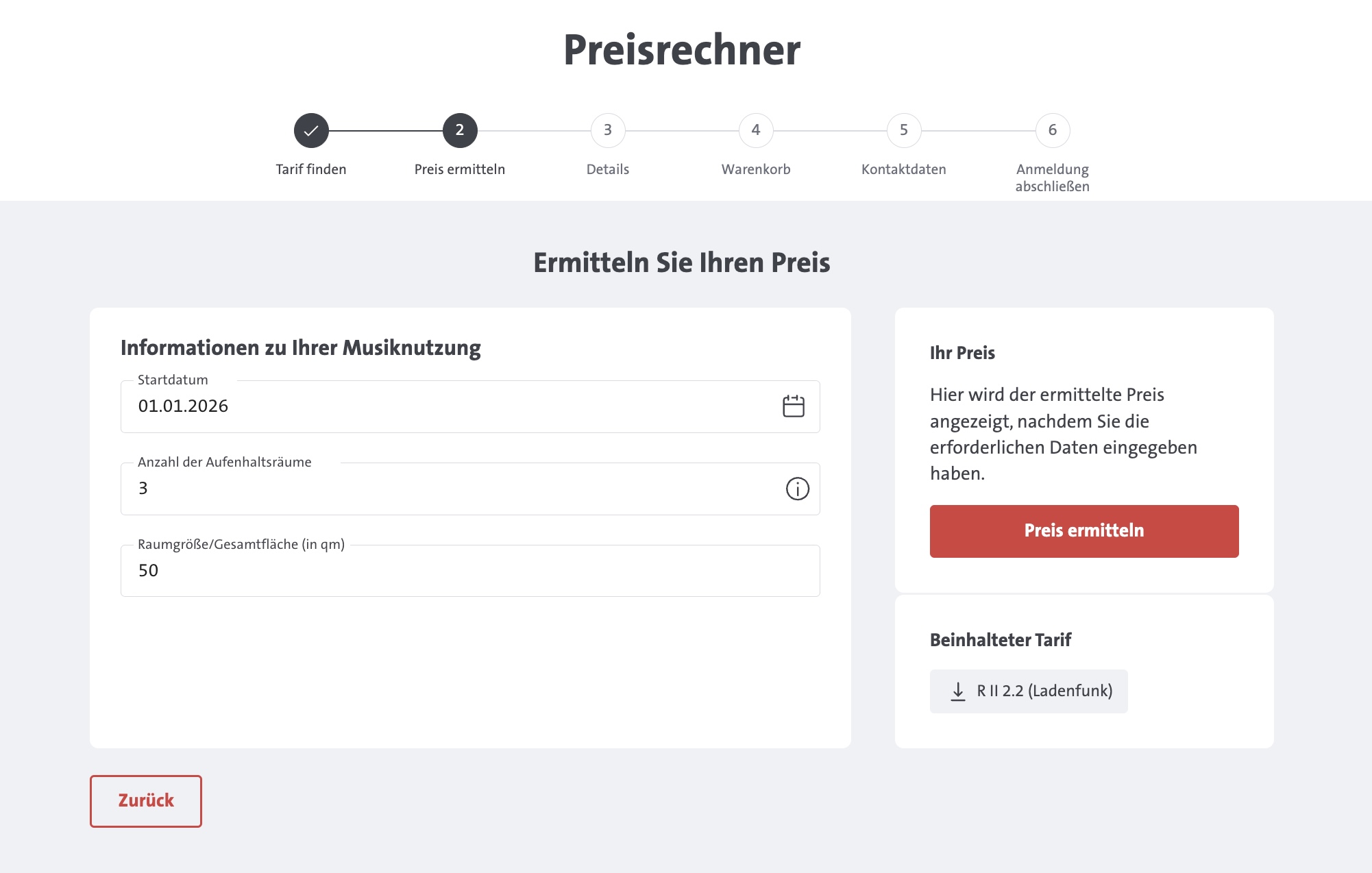 GEMA Preisrechner input form: start date 01.01.2026, 3 rooms, 50 m²