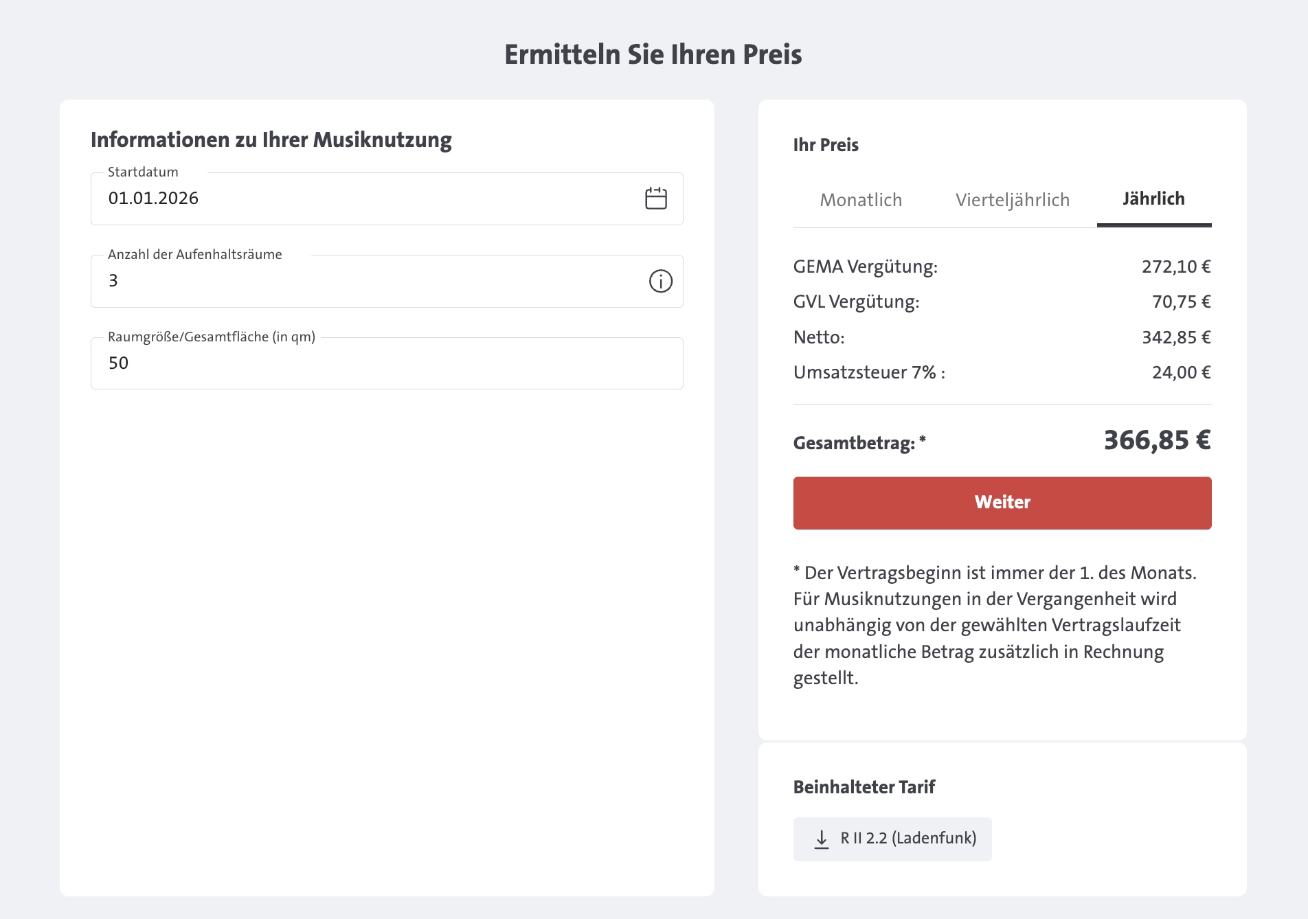 GEMA Preisrechner result: GEMA €272.10 + GVL €70.75 = €342.85 net, plus 7% VAT, total €366.85 per year