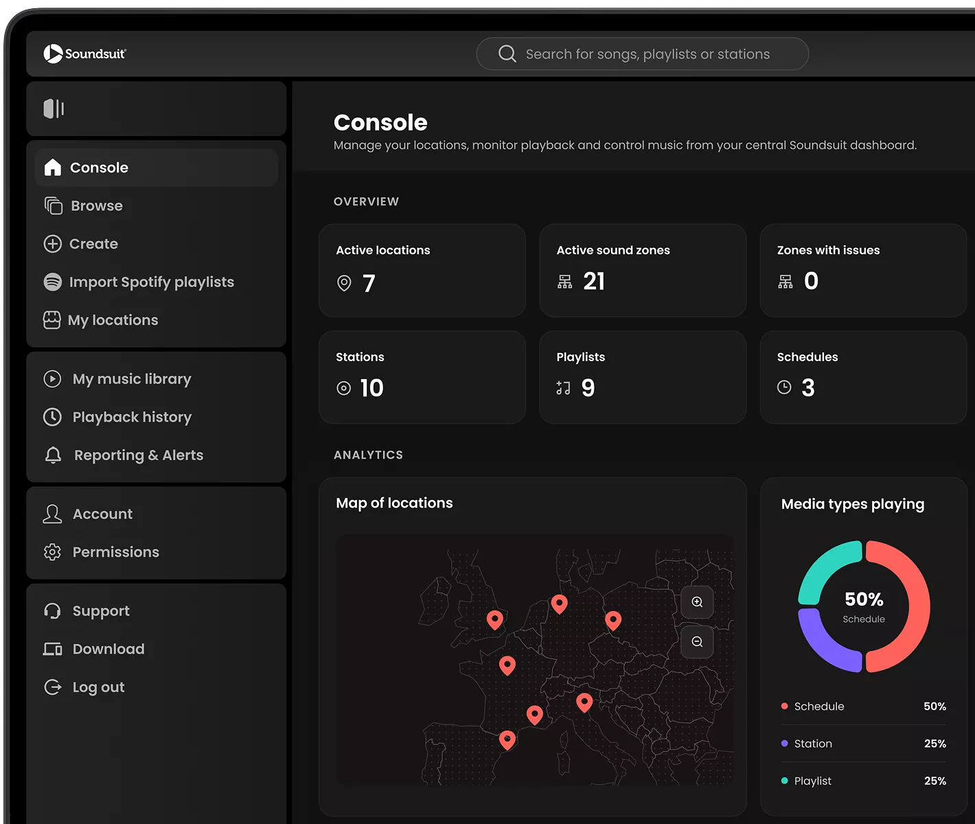Soundsuit HQ Console dashboard on a MacBook — manage all locations from one place