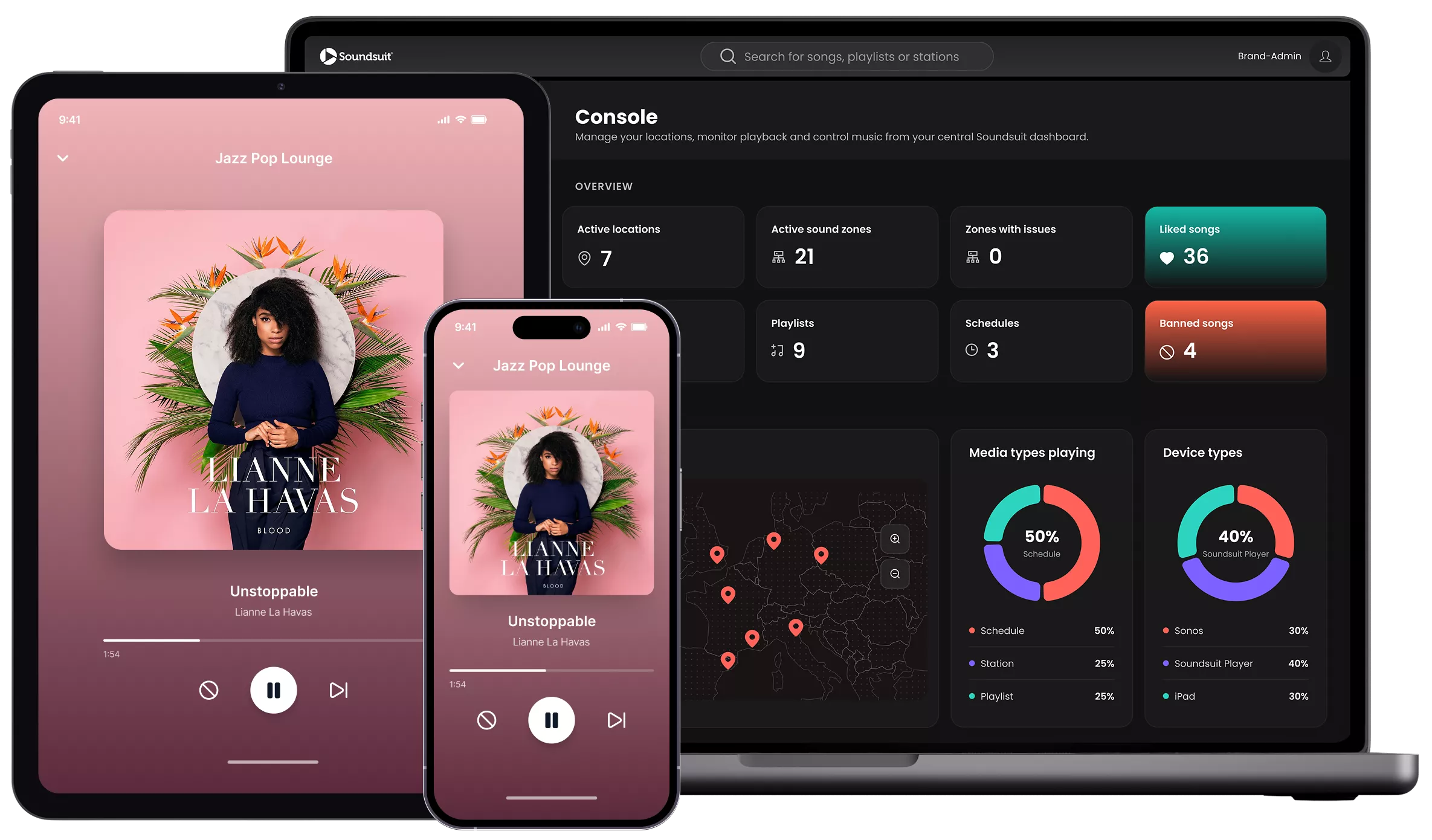 Soundsuit on MacBook, iPad and iPhone: the Console dashboard and the music player