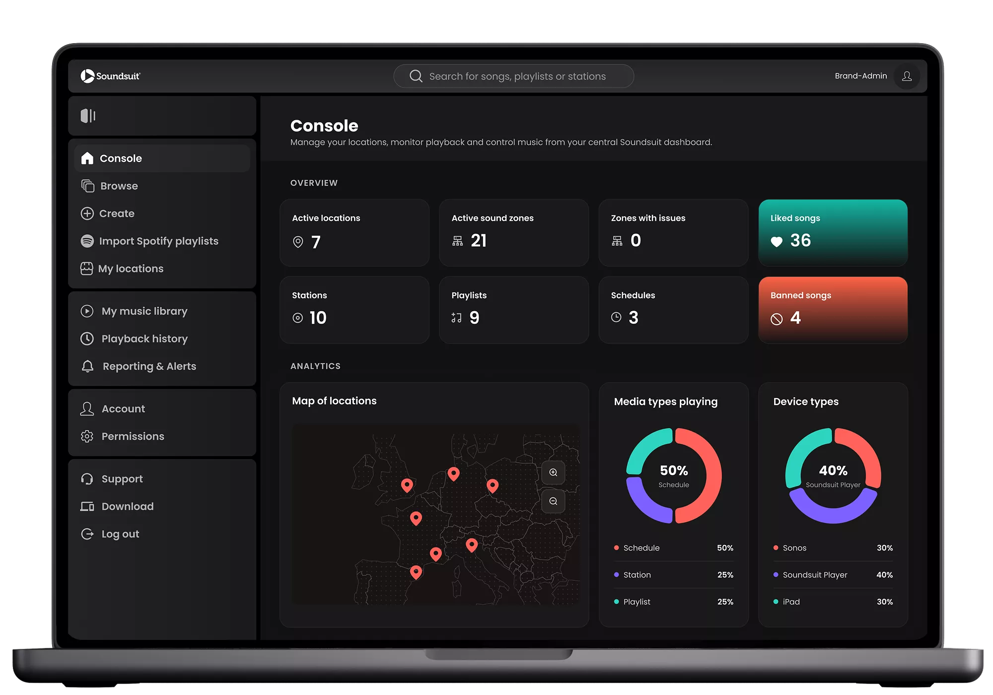Soundsuit HQ Console dashboard on a MacBook — manage all locations from one place