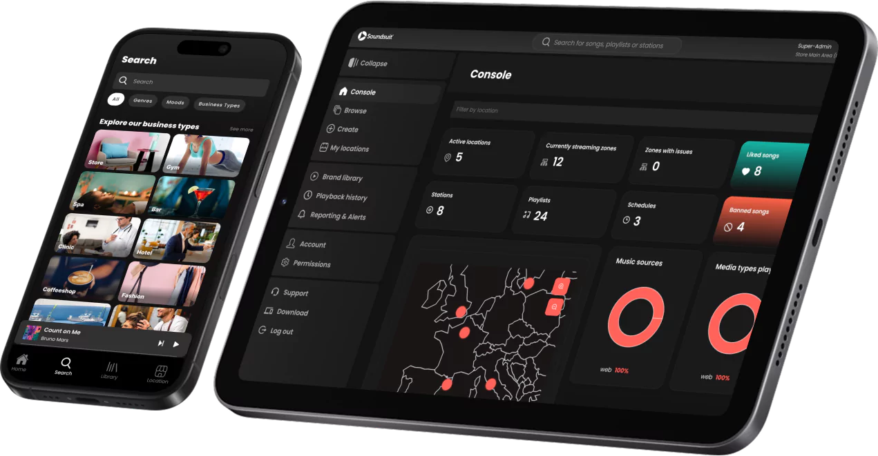 Soundsuit app on iPhone and iPad — search and admin console