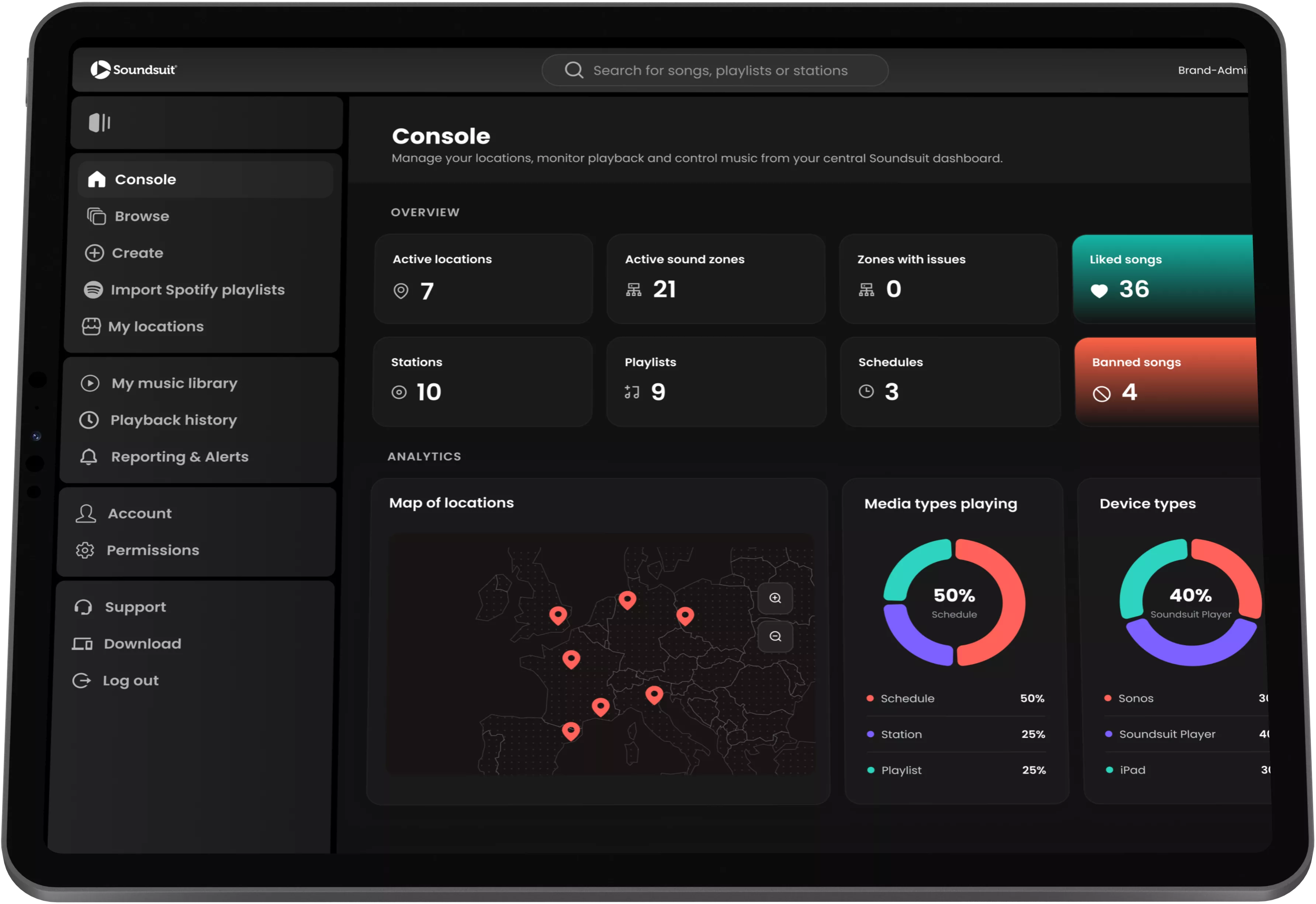 Soundsuit Console sur iPad : établissements, zones et plannings en un coup d'œil