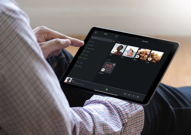 Soundsuit app on tablet in a hotel setting with Loxone system