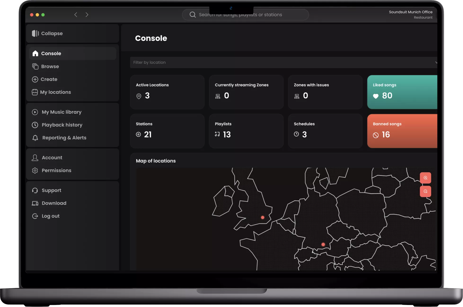 Soundsuit HQ Console dashboard on MacBook — all locations, zones, stations and schedules in one view