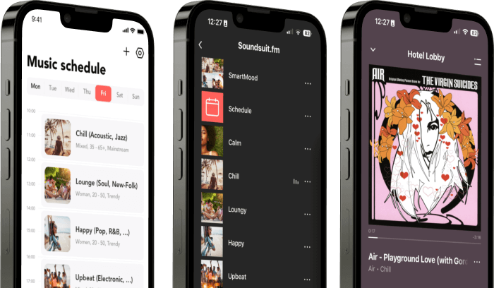 Soundsuit for brands music steering via apps for staff employees