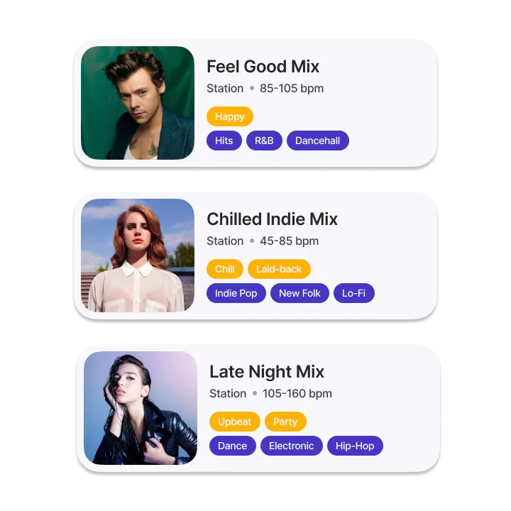 Soundsuit create smart playlists called stations or song-by-song playlists as with Spotify