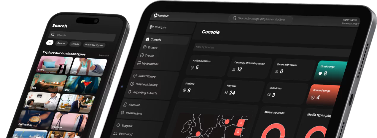 soundsuit music suite for business with mobile app player and web tablet desktop dashboard